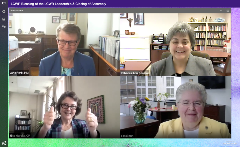 The 2021-2022 leadership team for the Leadership Conference of Women Religious. Clockwise from top left: Sr. Jane Herb, president; Sr. Rebecca Ann Gemma, president-elect; Sr. Carol Zinn, executive director; Sr. Elise García, past-president. (GSR screensho