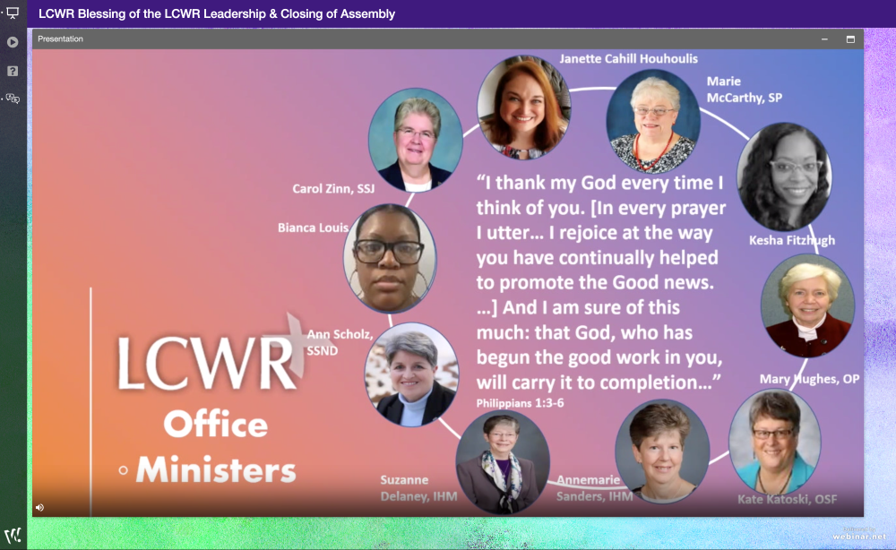 Sr. Carol Zinn, executive director of the Leadership Conference of Women Religious, and the three-member presidency recognize and thank LCWR staff on Aug. 13, the last day of the 2021 LCWR assembly. (GSR screenshot)