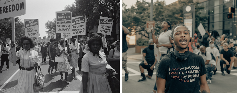 Left: People marching for civil rights in the 1960s; right: People demonstrating for civil rights in 2020 (Unsplash/Library of Congress and Clay Banks)