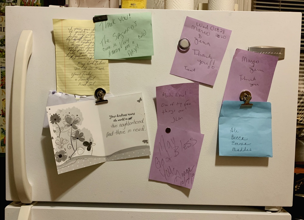 The Denver Loretto Volunteer House fridge is covered in notes from patrons and supporters of the Little Free Pantry. (Ali Alderman) The Denver Loretto Volunteer House fridge is covered in notes from patrons and supporters of the Little Free Pantry. (Ali Alderman)