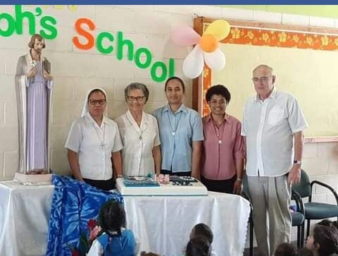 Cluny Sisters, from left, with Bishop Paul Donoghue of New Zealand: Sr. Luisa Nava, from the Philippines, Sr. Elizabeth Browne-Russell, from Rarotonga, Sr. Anamaria Irava, a novice from Rotuma, and Sr. Vaviola Babakula, a novice from Fiji. (Provided photo