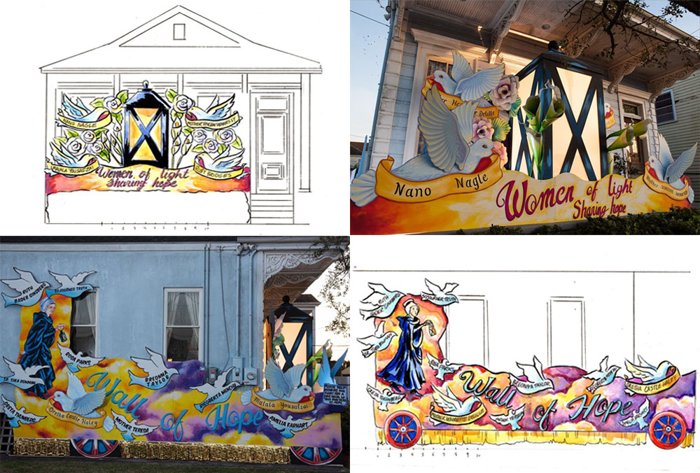 Artist's renditions of what Presentation Srs. Mary Lou Specha and Julie Marsh's New Orleans house would look like after decoration for Mardi Gras, and photos of the completed "parade float" (Courtesy of Sr. Mary Lou Specha)