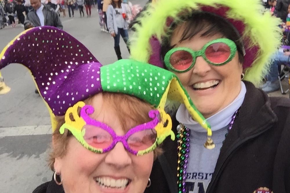 Presentation Srs. Mary Lou Specha, left, and Julie Marsh at a 2017 Mardi Gras parade in New Orleans (Courtesy of Sr. Mary Lou Specha)