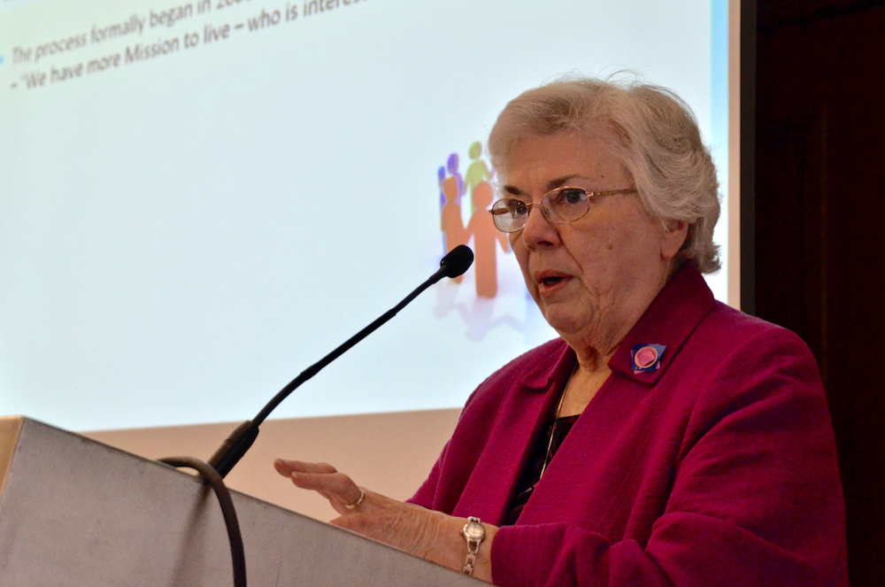 Sr. Marguerite O'Brien speaks Nov. 2, 2017, to the Resource Center for Religious Institutes' annual conference in St. Louis, Missouri, about merging seven congregations of St. Joseph Sisters into a new community, the Congregation of St. Joseph. (GSR photo