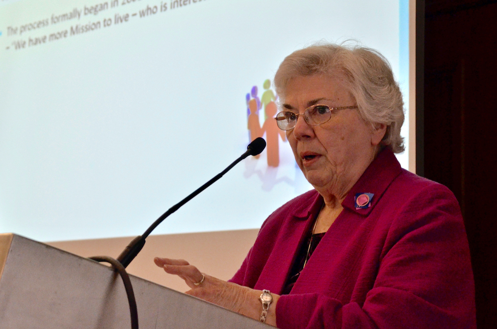 Sr. Marguerite O'Brien speaks Nov. 2, 2017, to the Resource Center for Religious Institutes' annual conference in St. Louis, Missouri, about merging seven congregations of St. Joseph Sisters into a new community, the Congregation of St. Joseph. (GSR photo Sr. Marguerite O'Brien speaks Nov. 2, 2017, to the Resource Center for Religious Institutes' annual conference in St. Louis, Missouri, about merging seven congregations of St. Joseph Sisters into a new community, the Congregation of St. Joseph. (GSR photo