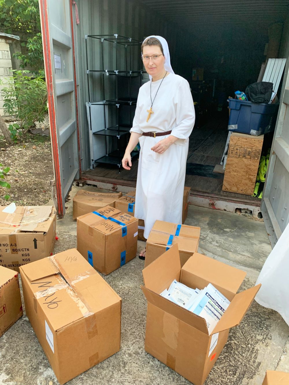 Felician Sr. Mary Izajasza Rojek organizes donations for the victims of Haiti's Aug. 14 earthquake. (Courtesy of the Felician Sisters of North America)