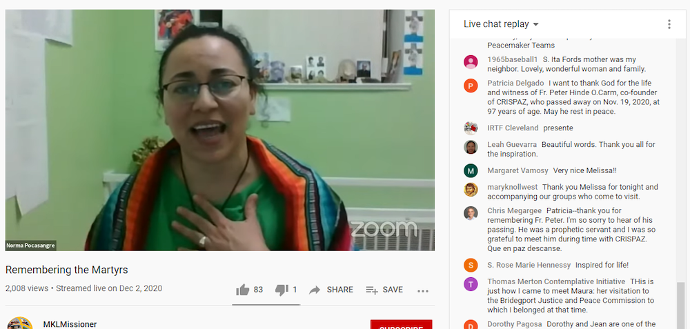 Marykoll Sr. Norma Pocasangre, a Salvadoran missionary, speaks at the Maryknoll Sisters' Dec. 2 online event memorializing four American churchwomen killed in 1980 in El Salvador. (GSR screenshot) Marykoll Sr. Norma Pocasangre, a Salvadoran missionary, speaks at the Maryknoll Sisters' Dec. 2 online event memorializing four American churchwomen killed in 1980 in El Salvador. (GSR screenshot)