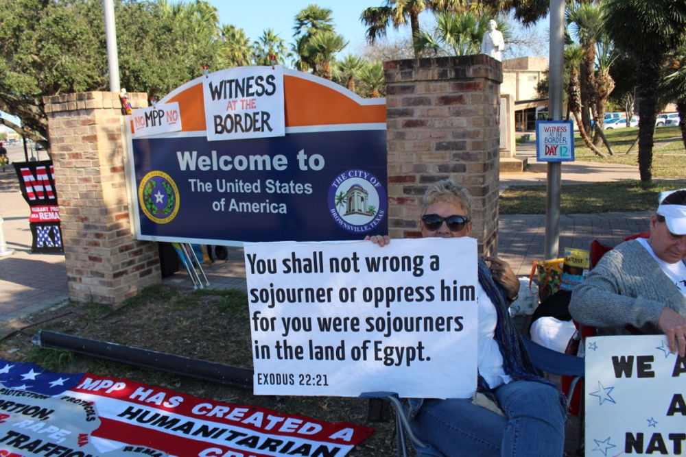 Witness at the Border maintains a vigil/protest against the MPP policy in Brownsville, Texas, across the street from the Gateway International Bridge. (GSR photo / Tracy L. Barnett)