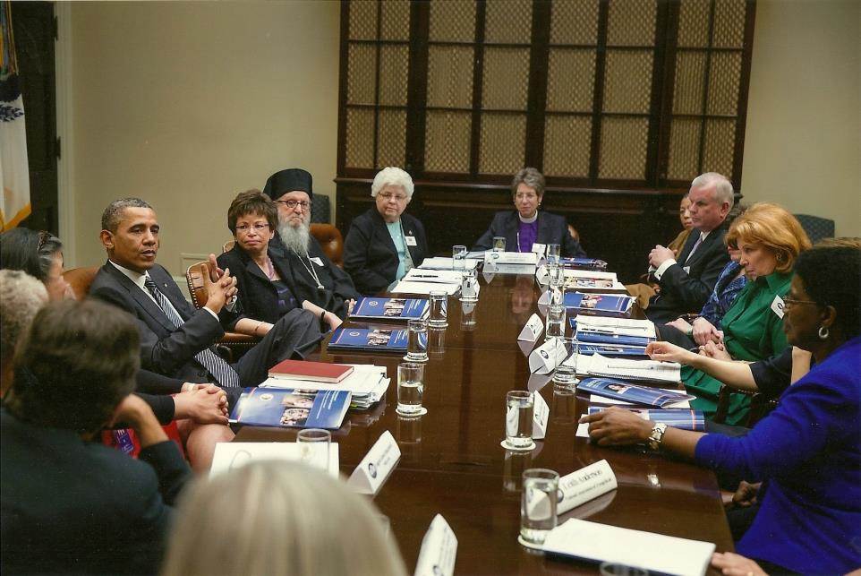 Sr. Marlene Weisenbeck, with white hair, attends the White House Advisory Council for Faith-based and Neighborhood Partnerships in 2013.