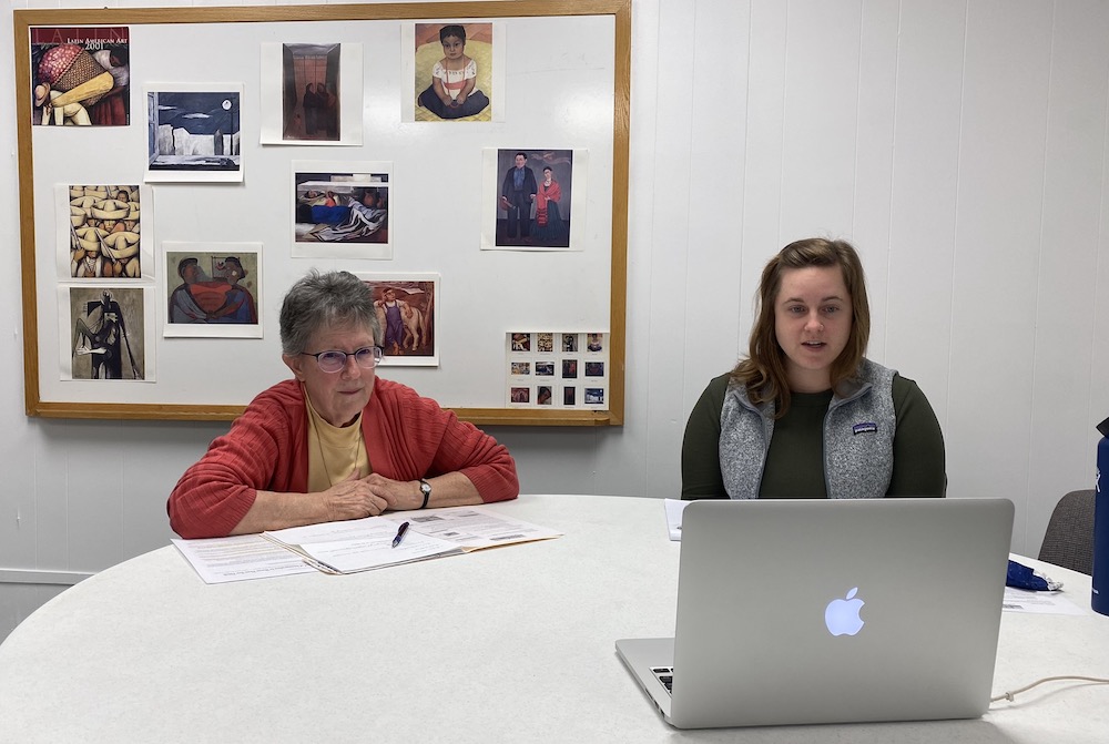 Migrant Farmworkers Assistance Fund founder and executive director Suzanne Gladney, left, and program director Elizabeth Reid discuss the lives and challenges of migrant farmworkers in an Oct. 21 Nuns on the Bus virtual session from their offices in Kansa