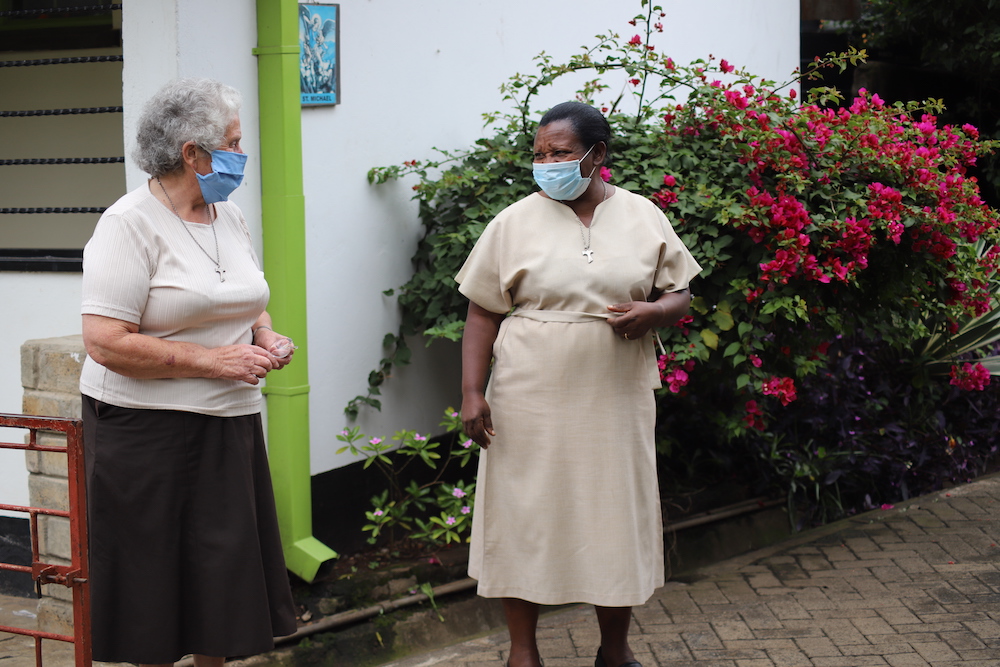 Sr. Miriam Duggan, left, interacts with another sister at Cheshire home for the elderly in Kariobangi slum in outside Nairobi, Kenya. (Doreen Ajiambo) Sr. Miriam Duggan, left, interacts with another sister at Cheshire home for the elderly in Kariobangi slum in outside Nairobi, Kenya. (Doreen Ajiambo)
