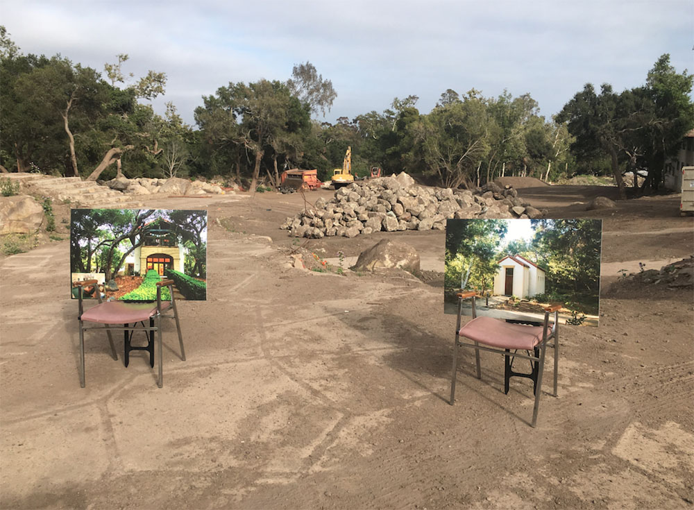 Enlarged photos of two of the nine buildings belonging to the Immaculate Heart Community that were swept away in a January 2018 mudflow help visitors orient themselves on the re-contoured property near Santa Barbara, California, in July 2018.