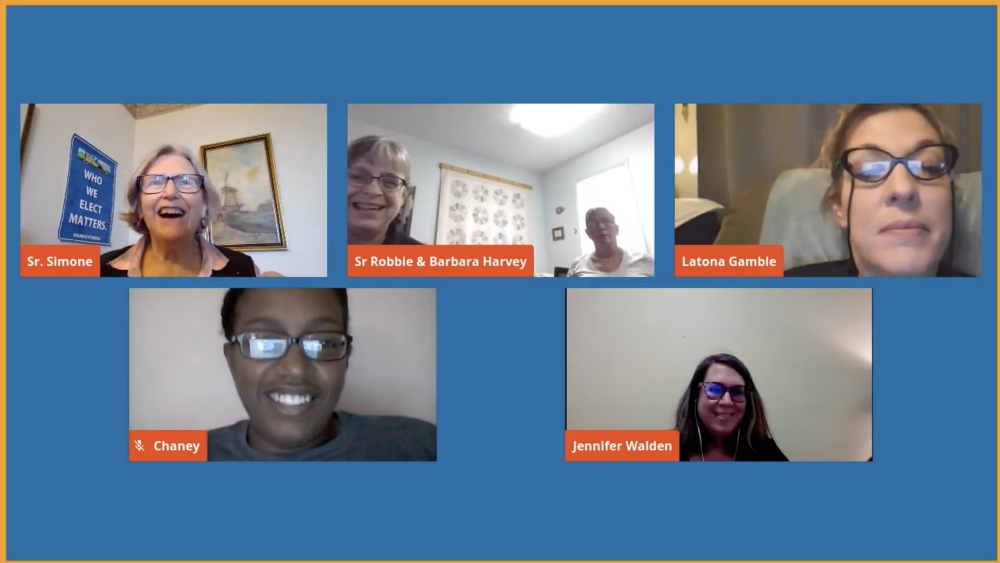 Social Service Sr. Simone Campbell of Network, top left, during a virtual Nuns on the Bus visit with the New Opportunity School for Women in Berea, Kentucky (GSR screenshot)