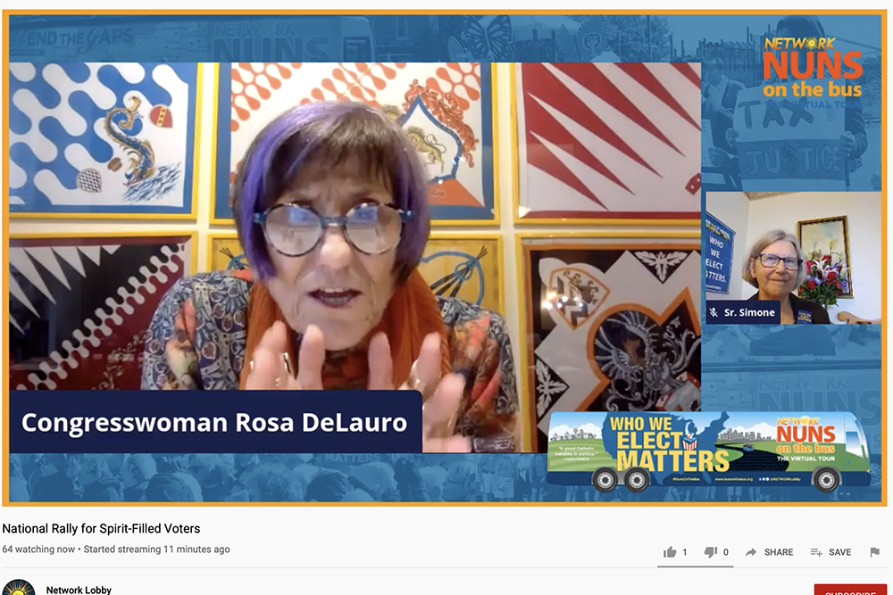 U.S. Rep. Rosa DeLauro, a Democrat from Connecticut, speaks at the Oct. 23 closing rally for the 2020 Nuns on the Bus virtual tour, which ran from Sept. 23 to Oct. 23. At right is Social Service Sr. Simone Campbell, executive director of Network, the Cath