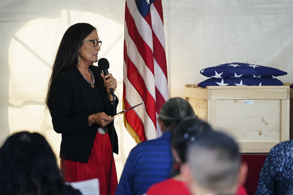 Interior Secretary Deb Haaland speaks during a July 14, 2021, ceremony at the U.S. Army's Carlisle Barracks in Carlisle, Pennsylvania