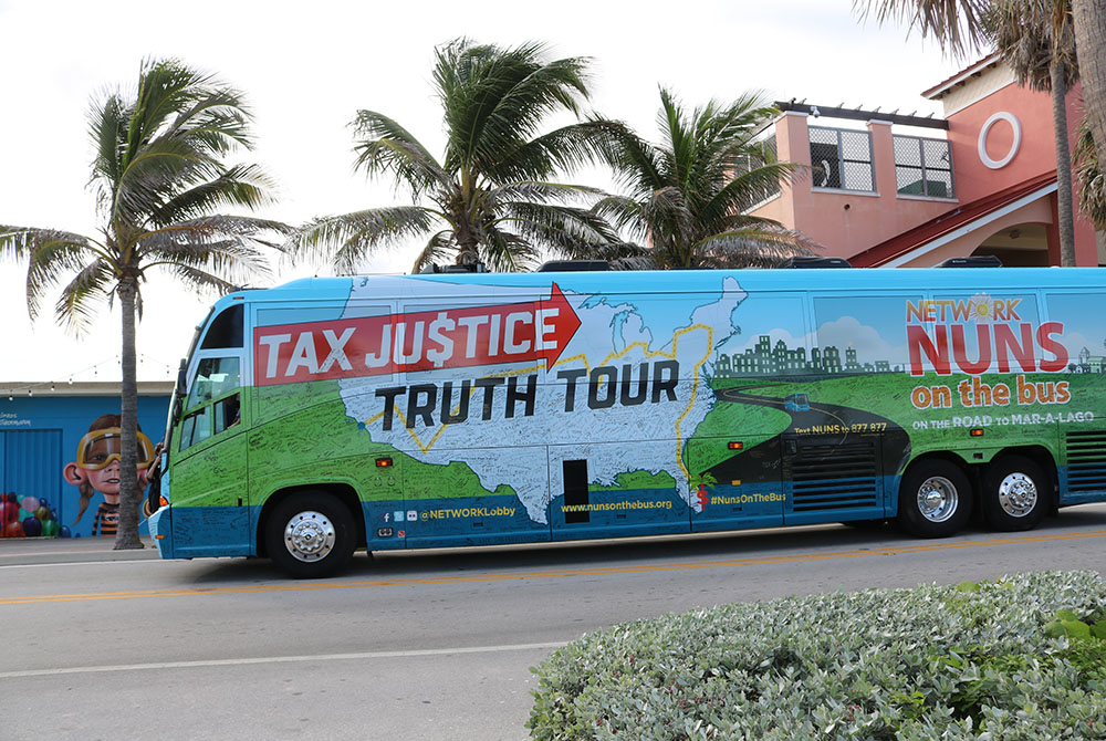 The 2018 Nuns on the Bus: Tax Justice Truth Tour travels down the road in West Palm Beach, Florida during the 27-day trip from California to Mar-a-Lago. Over the past months, Emily TeKolste has led workshops on racial justice and the tax code. (Courtesy)