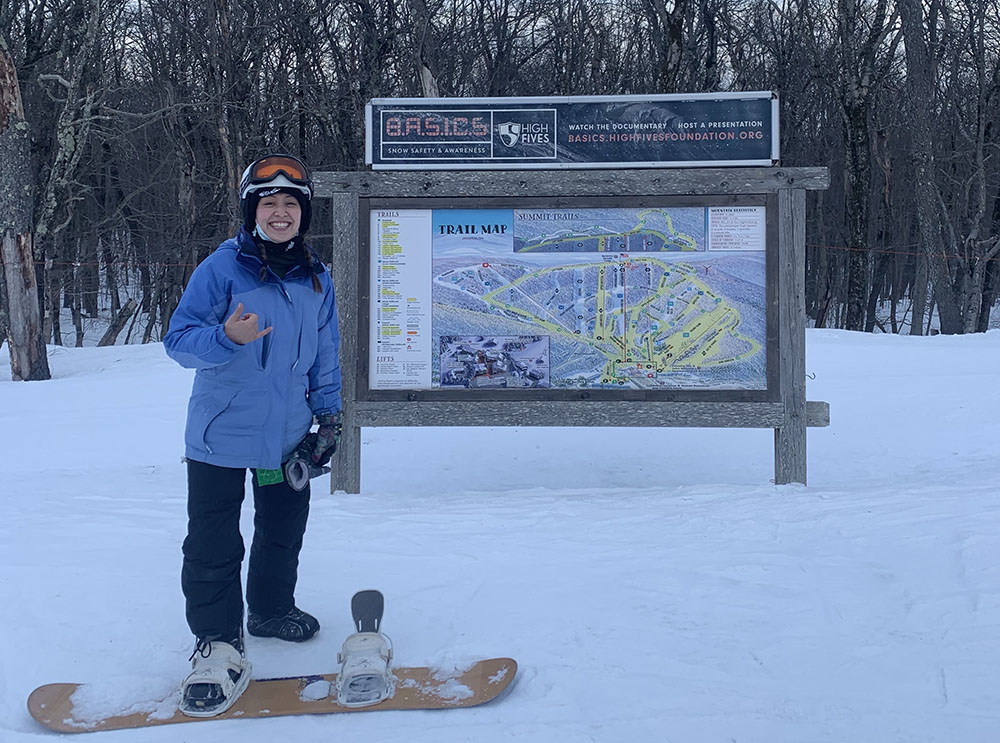 This is me on top of the mountain, about to snowboard on an intermediate slope. I didn't do any black diamonds, but I feel confident that I can try to do one next time. (Provided photo)