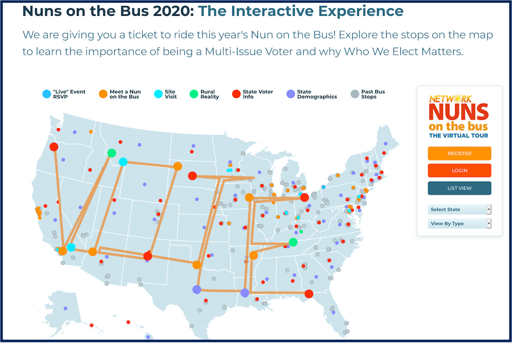 Detail of Network website graphic, showing this year's virtual Nuns on the Bus tour. Participants will be able to choose their own stops as they build a route across the country. (Courtesy of Network) Detail of Network website graphic, showing this year's virtual Nuns on the Bus tour. Participants will be able to choose their own stops as they build a route across the country. (Courtesy of Network)