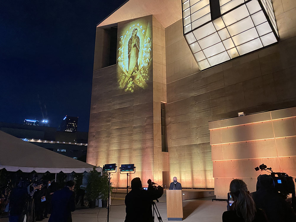 Archbishop José Gomez of Los Angeles offers a prayer at the Cathedral of Our Lady of the Angels in downtown LA during a press event Dec. 9, the feast day of St. Juan Diego, to whom the Virgin of Guadalupe first appeared in 1531. (NCR photo/Lucy Grindon)
