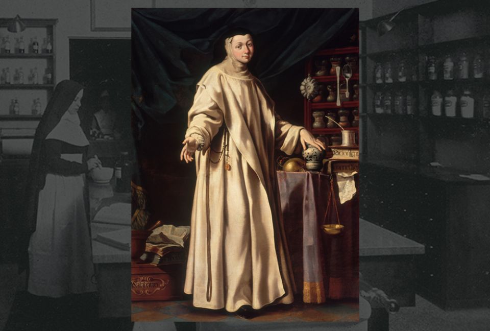 Foreground: "Portrait of a Pharmacist Nun," by Stefano Gherardini, 1723 (Szépművészeti Múzeum/Museum of Fine Arts, Budapest, 2020). Background: A nun works in the pharmacy at Misericordia Hospital (now called Mercy Philadelphia), which opened in 1918.