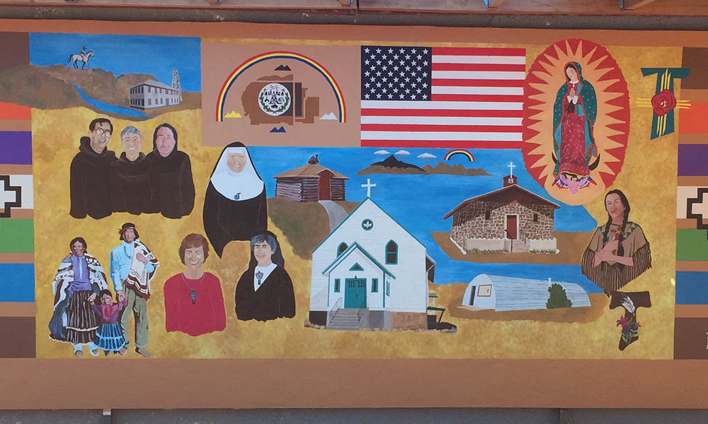 Mural painted by Chriss Murphy for St. Mary Mission’s 100th anniversary. Sr. Patricia Bietsch is seen wearing a red shirt in the lower left. (Courtesy of Sisters of St. Francis, Oldenburg, Indiana) Mural painted by Chriss Murphy for St. Mary Mission’s 100th anniversary. Sr. Patricia Bietsch is seen wearing a red shirt in the lower left. (Courtesy of Sisters of St. Francis, Oldenburg, Indiana)