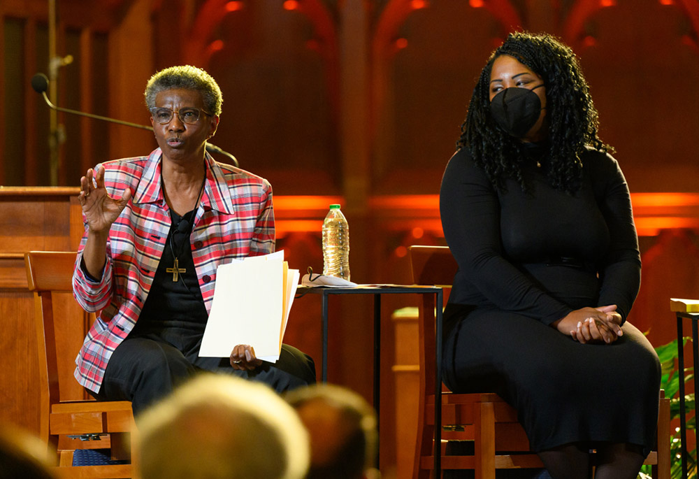 Sr. Patricia Chappell, left, of the Sisters of Notre Dame de Namur and history professor Shannen Dee Williams, author of a book on Black sisters, participate in discussion May 3 at Georgetown University. (Courtesy of Georgetown University/Rafael Suanes)