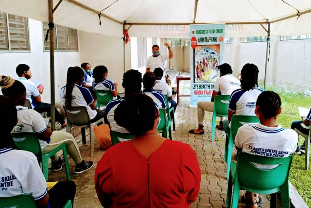 Sr. Gloria Ozuluoke of the Religious Sisters of Charity teaches participants on the dangers of human trafficking and how to end it, at a training workshop at St. Anne's Centre for Women and Youth Development Feb. 8 in Lagos, Nigeria. Despite challenges, O