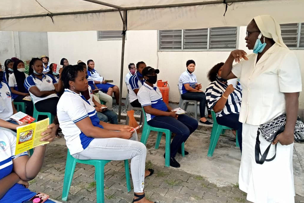 Sr. Justina Nelson of the Religious Sisters of Charity speaks during an anti-trafficking workshop at St. Anne's Centre for Women and Youth Development, Feb. 8 in Lagos. Nelson helps in coordinating activities of the Link Sisters, which are aimed at raisin