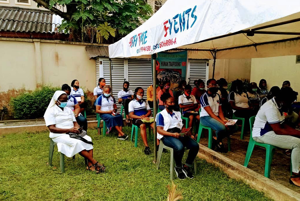 Participants listen during a workshop on human trafficking at St. Anne's Centre for Women and Youth Development, Feb. 8 in Lagos. The workshop was part of the outreach effort by sisters to educate people on the dangers and realities of trafficking. (Court
