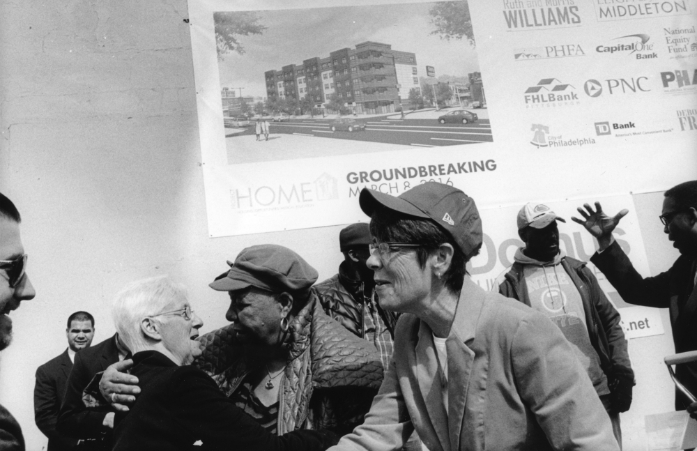 Mercy Sr. Mary Scullion celebrates the March 2016 groundbreaking for a new Project HOME apartment building on North Broad Street in Philadelphia (Courtesy of Project HOME/Harvey Finkle)
