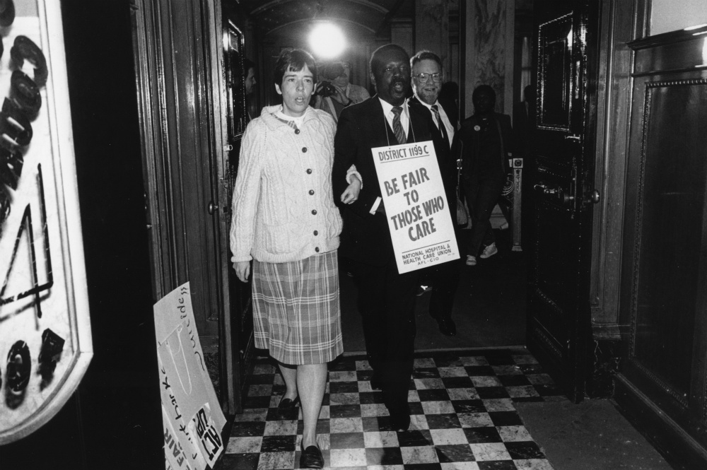 From left: Mercy Sr. Mary Scullion, Henry Nicholas and Bob Brand at a 1989 demonstration on homeless issues at Philadelphia City Council (Courtesy of Project HOME/Harvey Finkle)