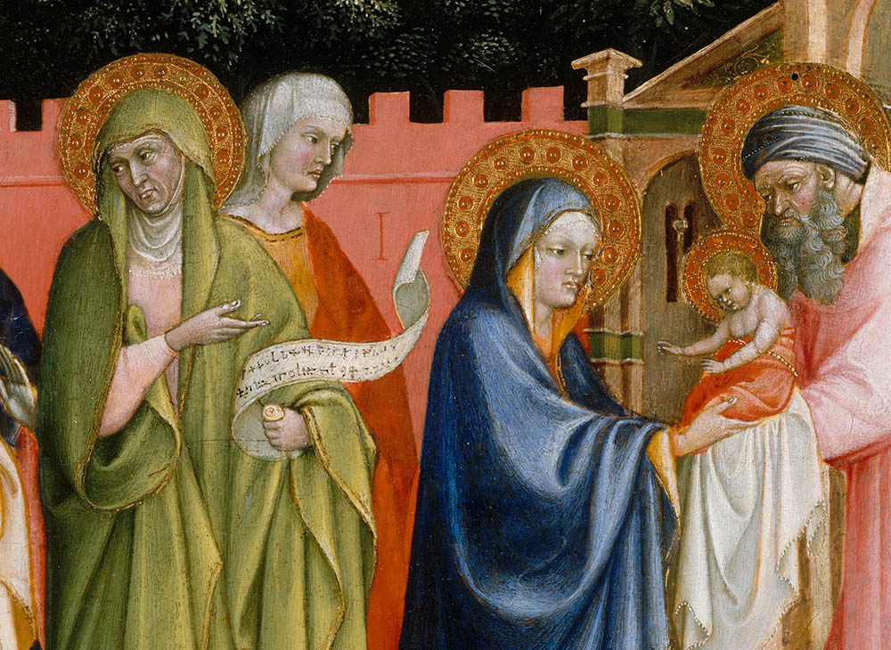 The prophetess Anna is depicted at left, holding a scroll, in this detail from the 15th-century painting "The Presentation in the Temple" by Alvaro Pirez. (Metropolitan Museum of Art)