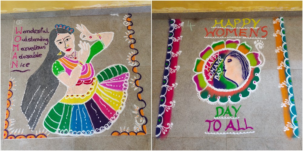Rangoli artwork — paintings in the floor — created by the women of Kiran Niketan Social Centre in Sancoale, Goa, India (Photos courtesy of Molly Fernandes)