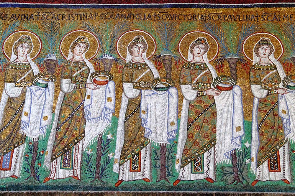 A sixth-century mosaic in the Basilica of Sant'Apollinare Nuovo in Ravenna, Italy, shows a procession of virgin martyrs. (Wikimedia Commons/Rabe!)