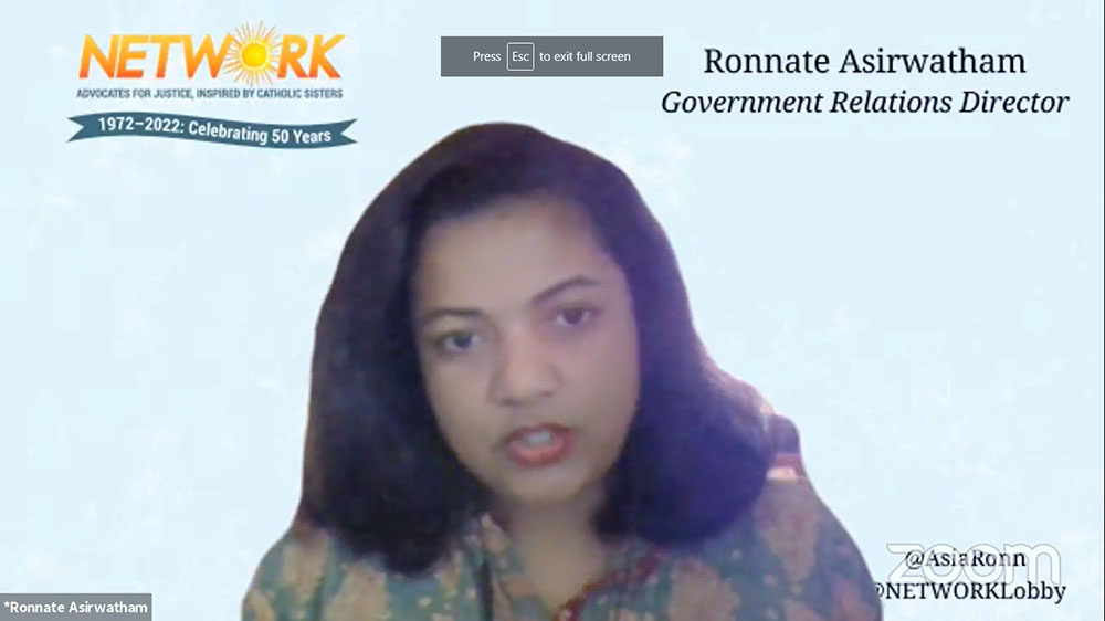 Ronnate Asirwatham, director of government relations for the Catholic social justice lobby Network, speaks about immigration policy at a Aug. 31 virtual event for the Congregation of St. Joseph. (GSR screenshot)