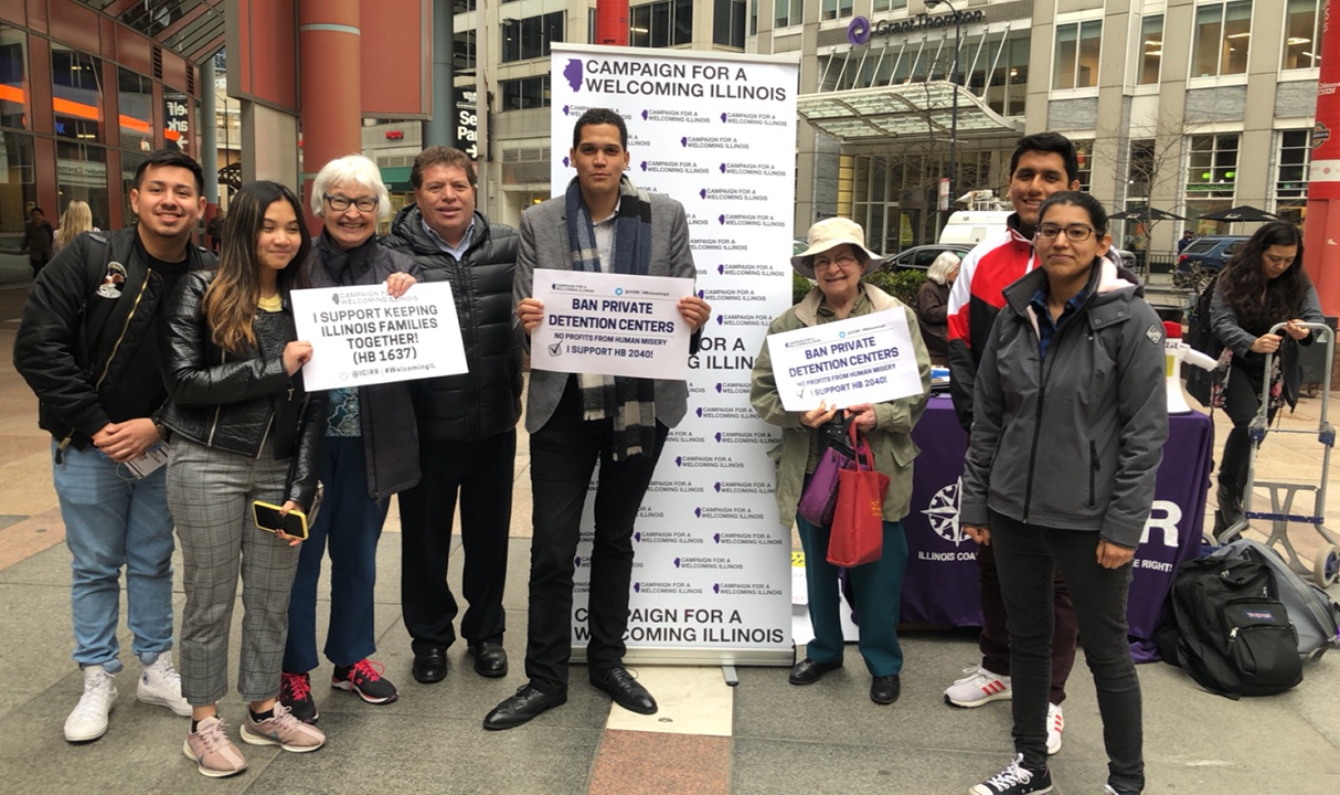 Sr. Rose Mary Meyer, third from left, advocates for banning private detention centers with other partners from the Campaign for a Welcoming Illinois, a project of the Illinois Coalition for Immigrant and Refugee Rights. (Courtesy of Sr. Rose Mary Meyer)