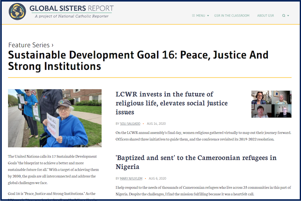 Global Sisters Report's new collection on the U.N. Sustainable Development Goals sorts news stories and sister columns into the goal that best fits the ministry in the story or column. (GSR screenshot) Global Sisters Report's new collection on the U.N. Sustainable Development Goals sorts news stories and sister columns into the goal that best fits the ministry in the story or column. (GSR screenshot)