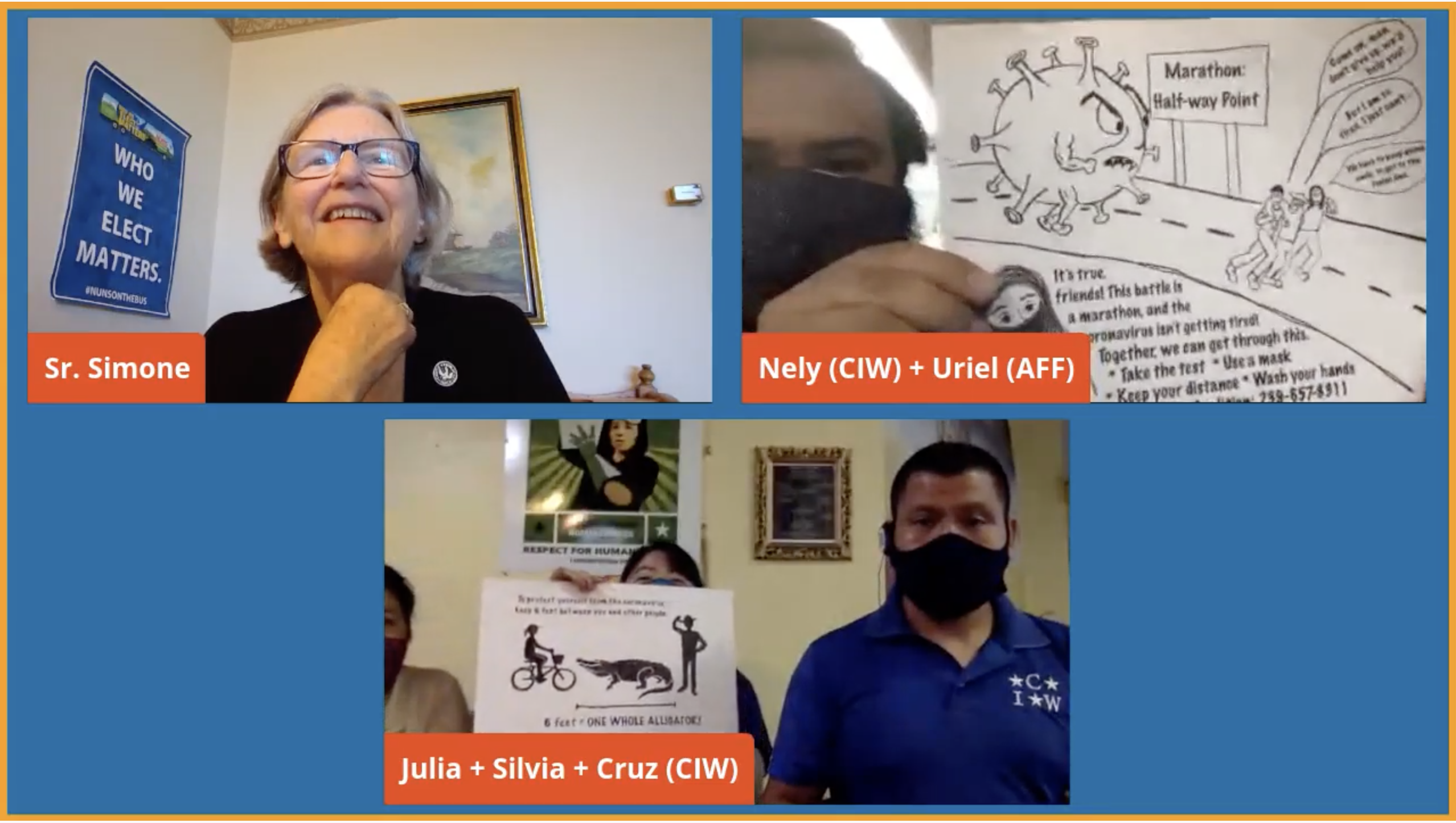 Sr. Simone Campbell of Network, top left, during a virtual Nuns on the Bus visit with the Coalition of Immokalee Workers in Florida (GSR screenshot)