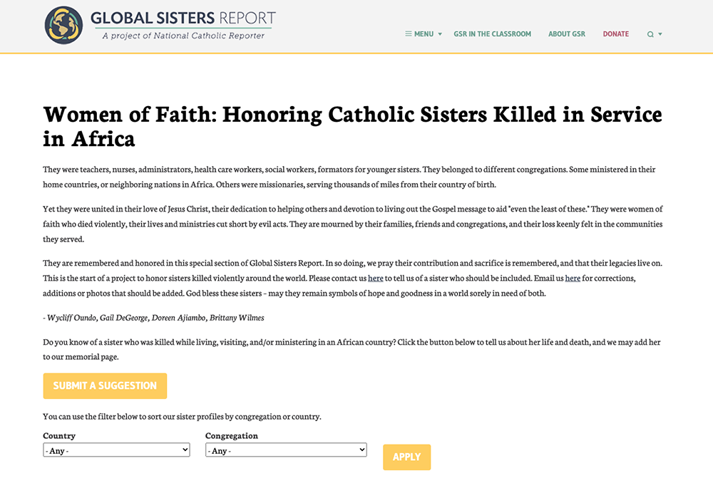 Screenshot of GSR's new special section "Women of Faith: Honoring Catholic Sisters Killed in Service in Africa"