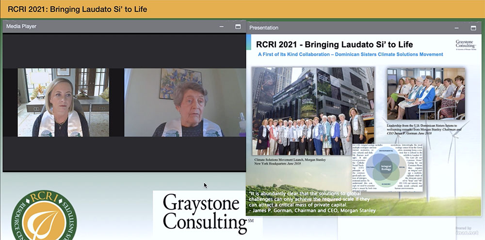 投資顧問 Kristina Van Liew（左）、摩根士丹利機構投資部門 Graystone Consulting 的財富管理董事總經理和 Dominican Sr. Patricia Daly 就投資應對氣候變化發表了演講。