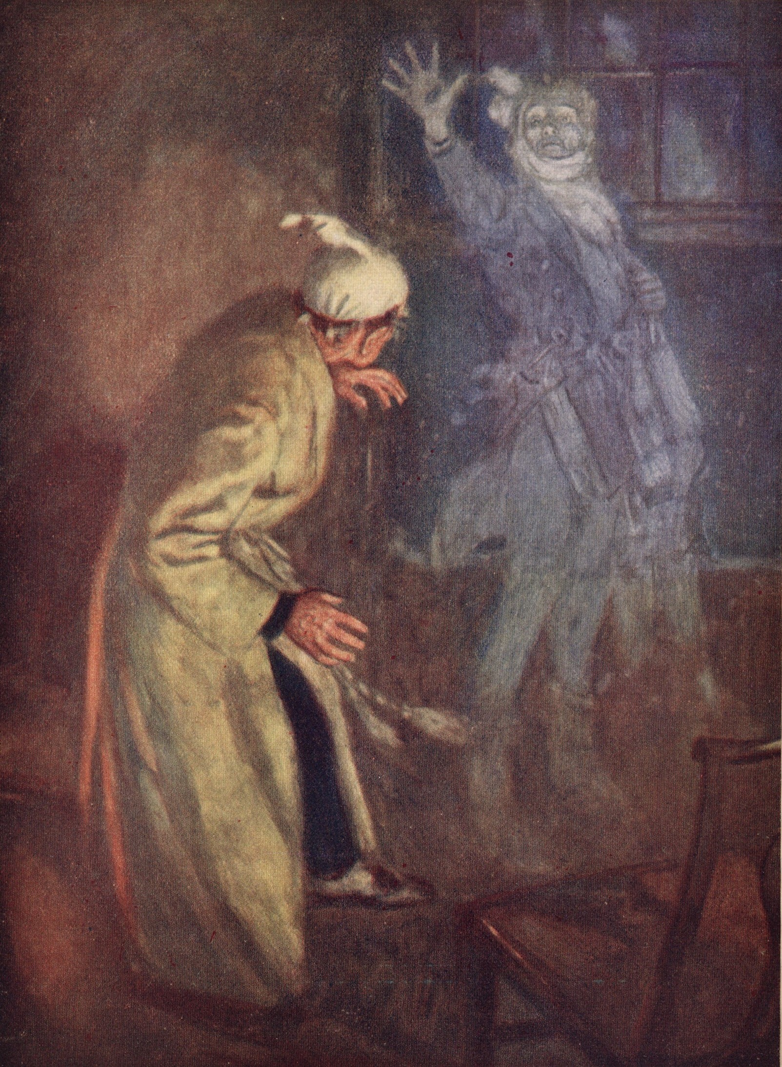 An illustration of Ebenezer Scrooge meeting the ghost of Jacob Marley