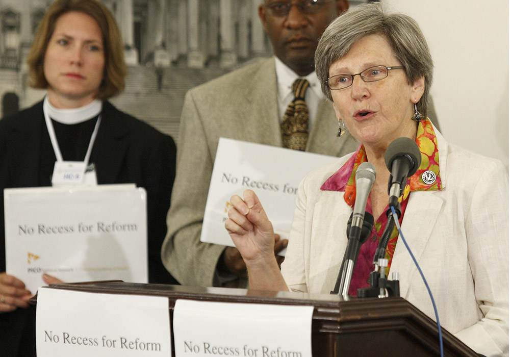 Social Service Sr. Simone Campbell speaks at a July 28, 2009, press conference promoting health care reform in the U.S. Capitol in Washington. (CNS/Paul Haring)