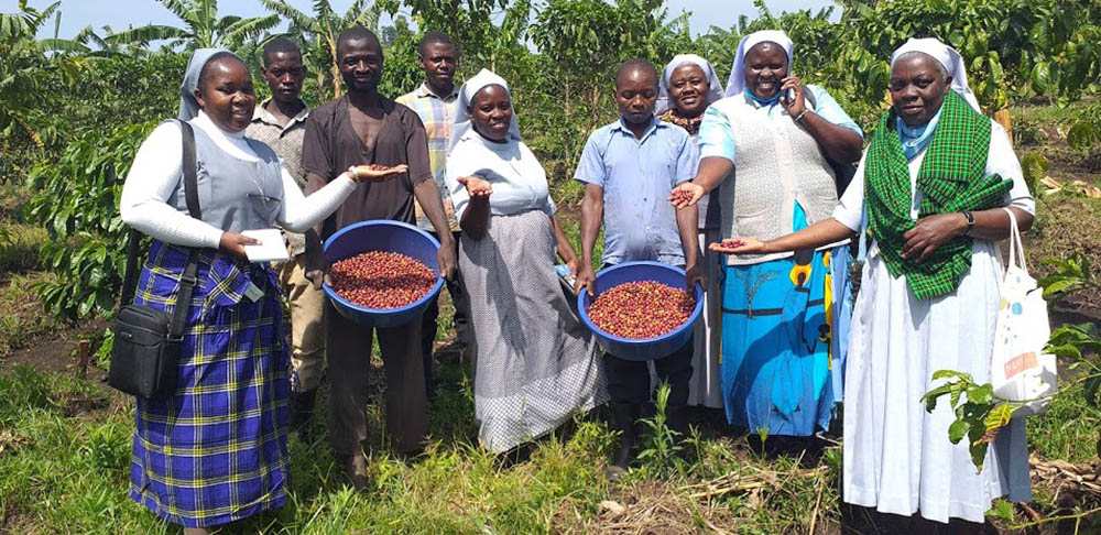 Sr. Celestine Nasiali (left), coordinator of the Sisters Blended Value Project, with sisters from the Daughters of St. Therese of the Child Jesus (Banyatereza Sisters), celebrate the coffee harvest in Fort Portal, Uganda. (Courtesy of Celestine Nasiali)
