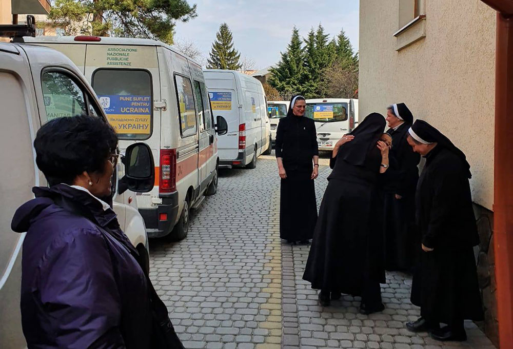 Sisters of the Order of St. Basil the Great from Romania deliver supplies to sisters in Ukraine on March 29. (Courtesy Sisters of St. Basil the Great)