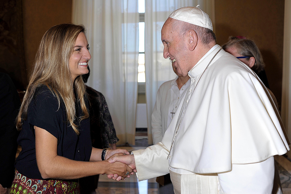 Soli Salgado meets Pope Francis in 2019 during a private audience with Talitha Kum, the international network for sisters against human trafficking. Salgado was reporting on Talitha Kum's 10th anniversary celebration in Rome. (Courtesy of Soli Salgado)