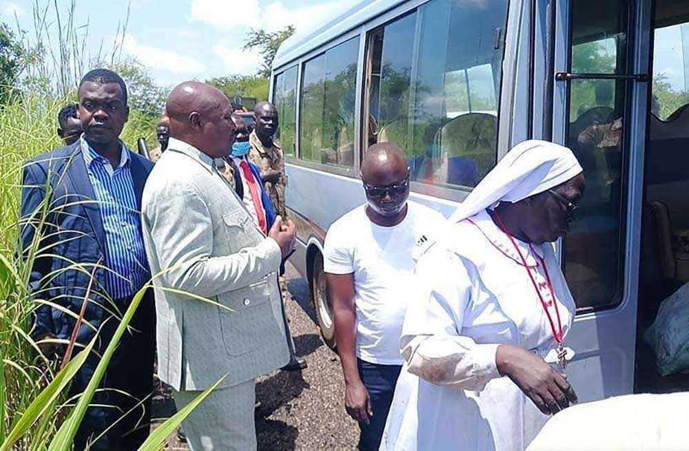 A sister boards the bus that was carrying seven sisters and five men from the Torit Diocese to the Juba Archdiocese in South Sudan after its ambush Aug. 16. (Courtesy of Christine John Amaa)
