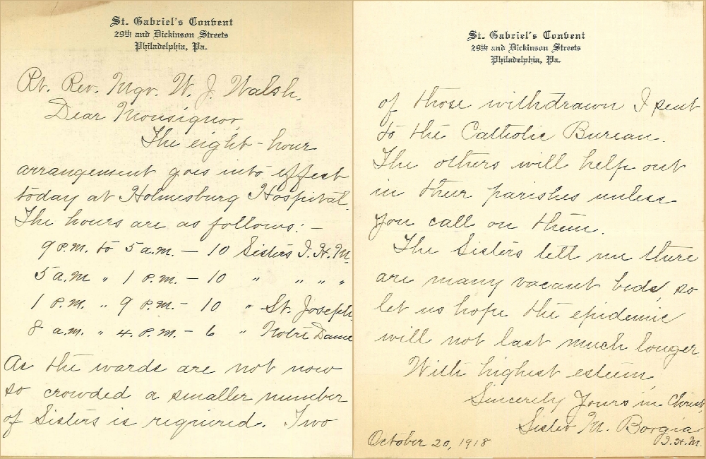 Immaculate Heart of Mary Sr. M. Borgia writes a monsignor on Oct. 20, 1918, to report on conditions at Holmesburg Hospital. (Catholic Historical Research Center, Archdiocese of Philadelphia)