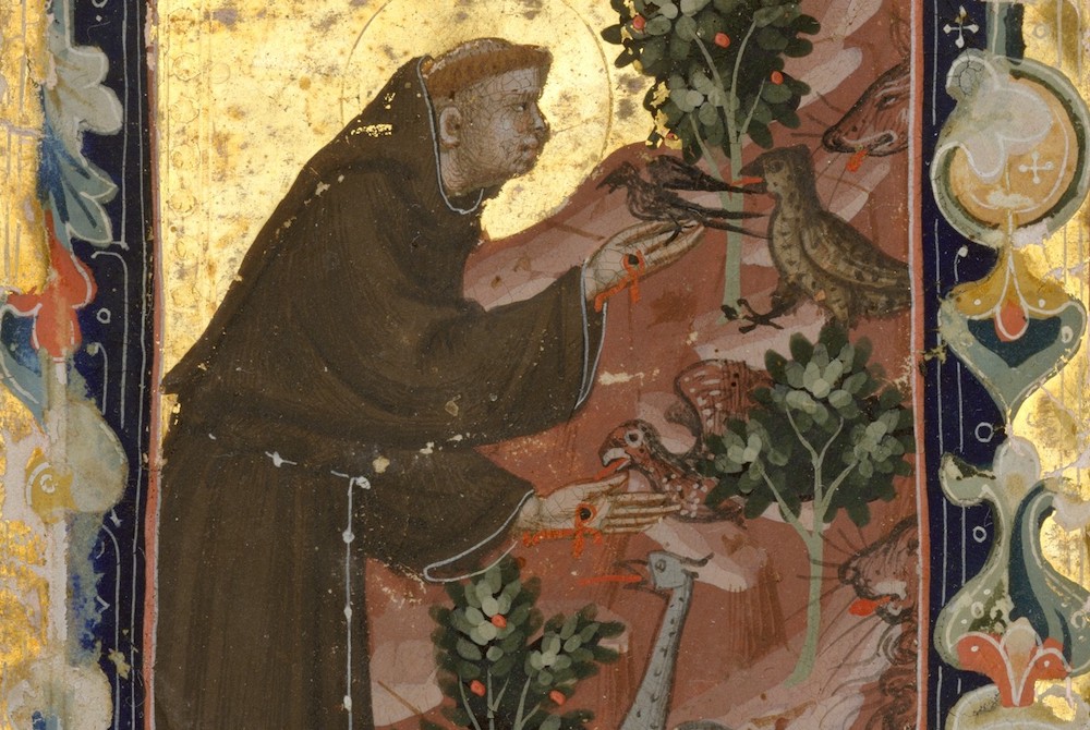 Detail of tempera and gold on parchment "Manuscript Leaf with Scenes from the Life of Saint Francis of Assisi," circa 1320-42, made in Bologna, Italy, for Hungarian use (Metropolitan Museum of Art/Gift of Mr. and Mrs. Edwin L. Weisl Jr., 1994)