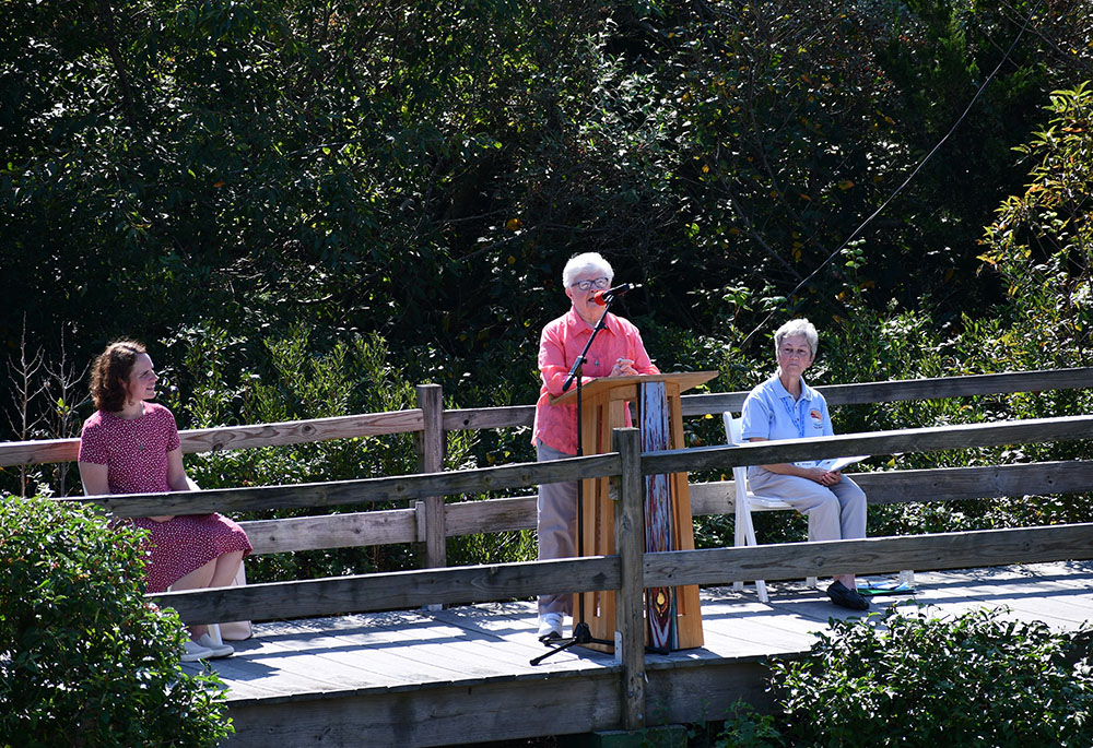 Sr. Anna Louise Schuck of the Sisters of St. Joseph of Chestnut Hill, Philadelphia, speaks during the closing ritual of a September 2021 retreat at the congregation's St. Mary by-the-Sea Retreat House in Cape May Point, New Jersey. (Courtesy photo) Sr. Anna Louise Schuck of the Sisters of St. Joseph of Chestnut Hill, Philadelphia, speaks during the closing ritual of a September 2021 retreat at the congregation's St. Mary by-the-Sea Retreat House in Cape May Point, New Jersey. (Courtesy photo)