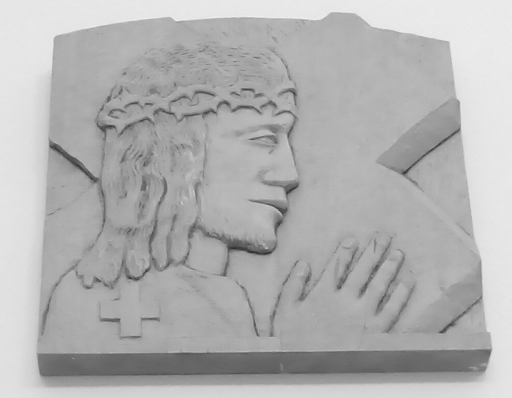 Carving of Station Two, "Jesus Accepts His Cross" by Sr. Brigid O'Neill in the motherhouse chapel of the Sisters of the Incarnate Word and Blessed Sacrament (Lou Ella Hickman)